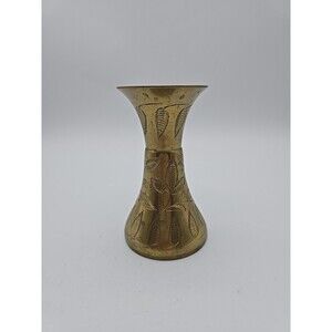 Vintage Sarna Brass Vase India 4.75" Flower Leaves Hand Etched 415T BOHO